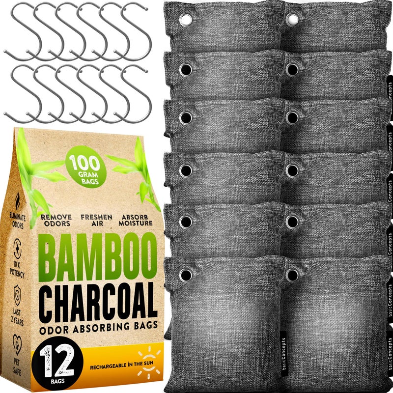 Charcoal Odor Absorber for Strong Odor Large 12 Pack 100g each Perfect for Smelly Shoes Bamboo Charcoal Air Purifying Bag Activated Charcoal Odor Absorber for Closet Shoe Car Odor Deodorizer